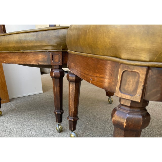Set of Four Vintage Lewittes Tufted Sage Vinyl Club/Conference Chairs With Brass Casters For Sale - Image 4 of 17
