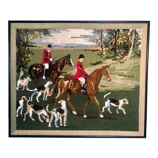 1970s Handcrafted Needlepoint English Riders & Hounds Hunting Scene W/Horses, Framed For Sale