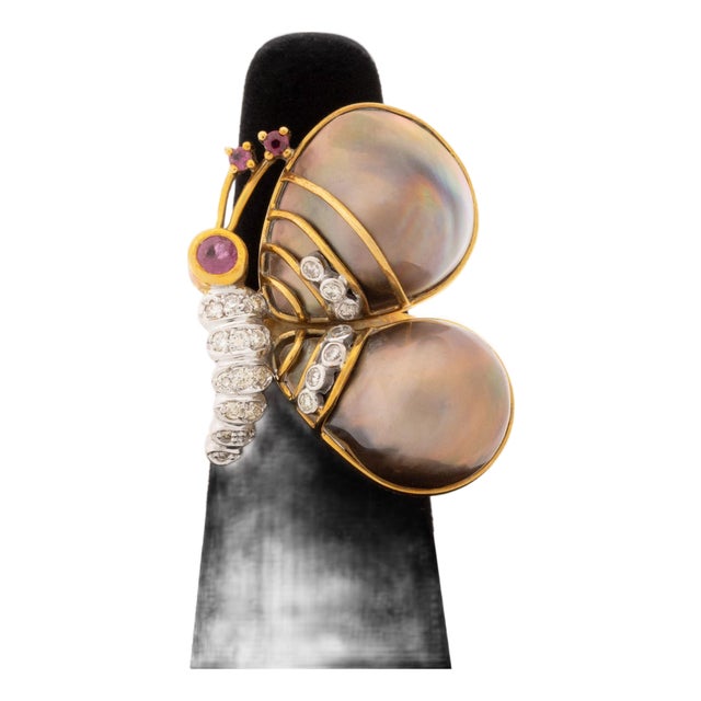 18k Rose Gold, Diamond, Ruby, and Pearl Butterfly-Form Ring For Sale