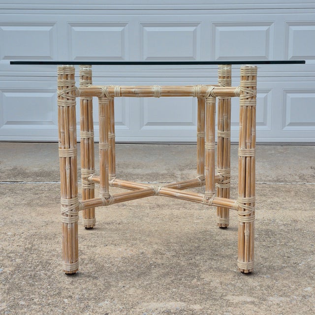 Mid-Century Modern 1970s McGuire Attributed Organic Modern Square Glass Top Rattan Rawhide Base Dining Table For Sale - Image 3 of 13