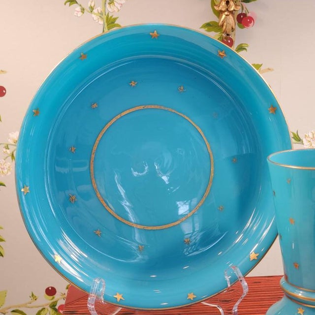 French Beautiful PV blue opaline glass vase and matching plate // rare gold stars // Portieux Vallerysthal // french blue // vintage glassware // For Sale - Image 3 of 10