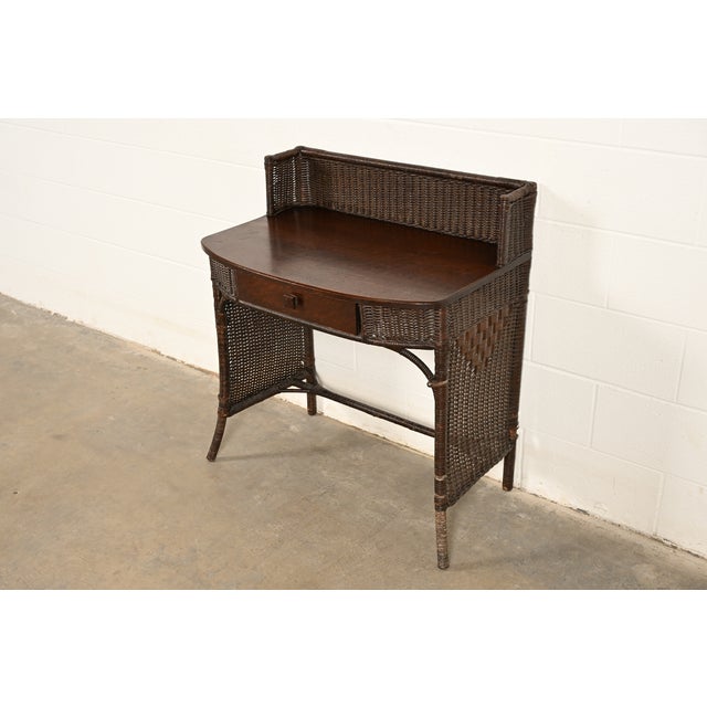 Mission Heywood-Wakefield Antique Arts & Crafts Mission Oak & Rattan Wicker Writing Desk | Circa 1890s For Sale - Image 3 of 15