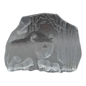 Mats Jonasson 1979 Signed Swedish Bear With Cubs Crystal Glass Sculpture