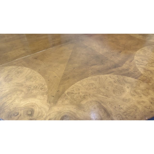 Wood 1960s Mastercraft Burl Wood Expandable Round Dining Table With Brass Pedestal Base and Three Leaves For Sale - Image 7 of 12