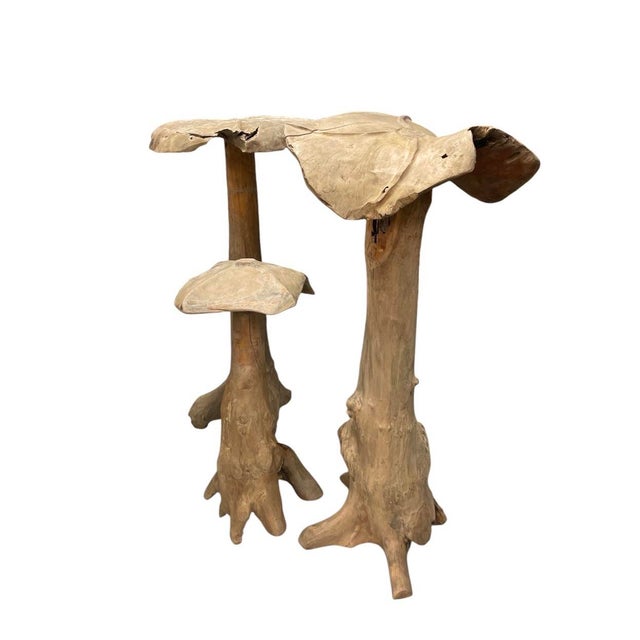 This exceptional vintage set of three organic wooden mushroom sculptures brings a captivating, whimsical element of...