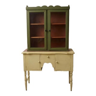 Vintage Painted Farmhouse Kitchen Hutch With Glass Doors For Sale