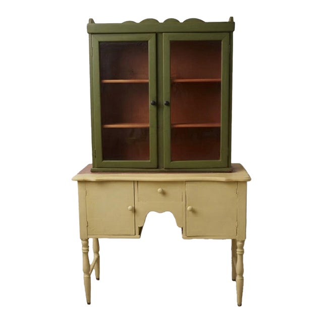 Vintage Painted Farmhouse Kitchen Hutch With Glass Doors For Sale
