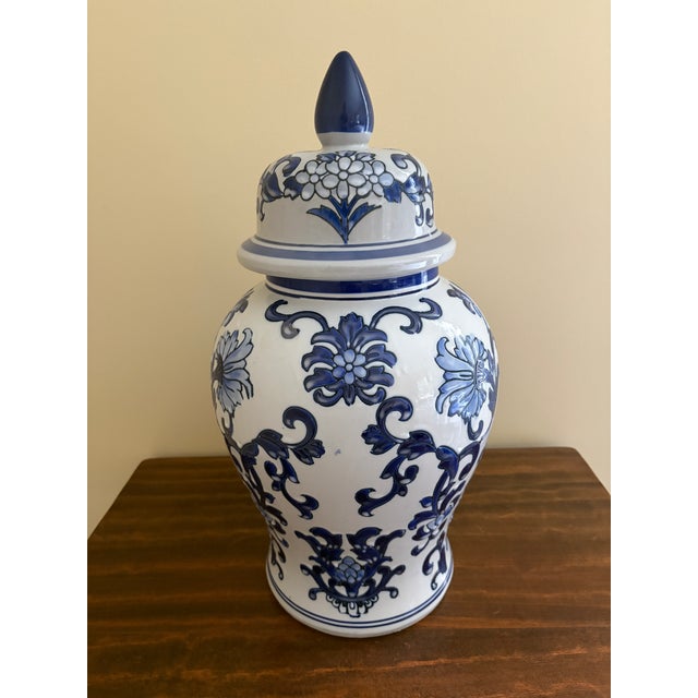 Late 20th Century Late 20th Century Chinoiserie Large Blue and White Porcelain Ginger Jar For Sale - Image 5 of 8