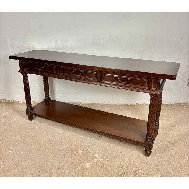 Large Spanish Walnut Rustic Console With Three Drawers and Lower Shelf, 1930s For Sale - Image 10 of 15