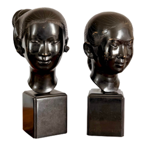 Pair of Vietnamese Bronze Bust Sculptures Nguyen Thanh Le Attribution Luxury Asian Art | Mid-Century Patinated Bronze Circa 1950’s