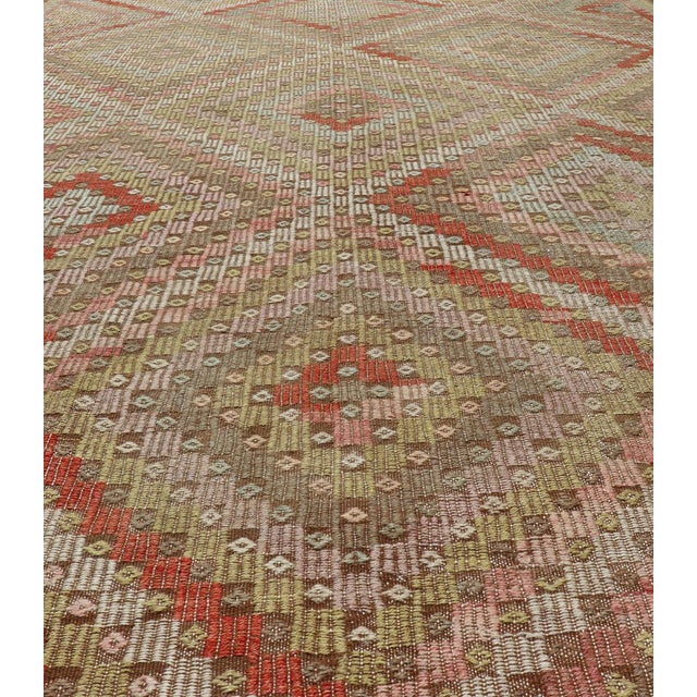 Large Vintage Turkish Kilim Rug With Coral, Gold, Sage Diamond Pattern For Sale In Atlanta - Image 6 of 14