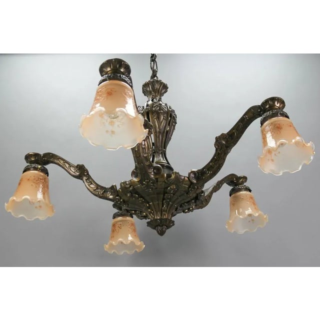 1920s Art Deco Five-Light Bronze and Glass Floral Motif Chandelier, 1920s For Sale - Image 5 of 18