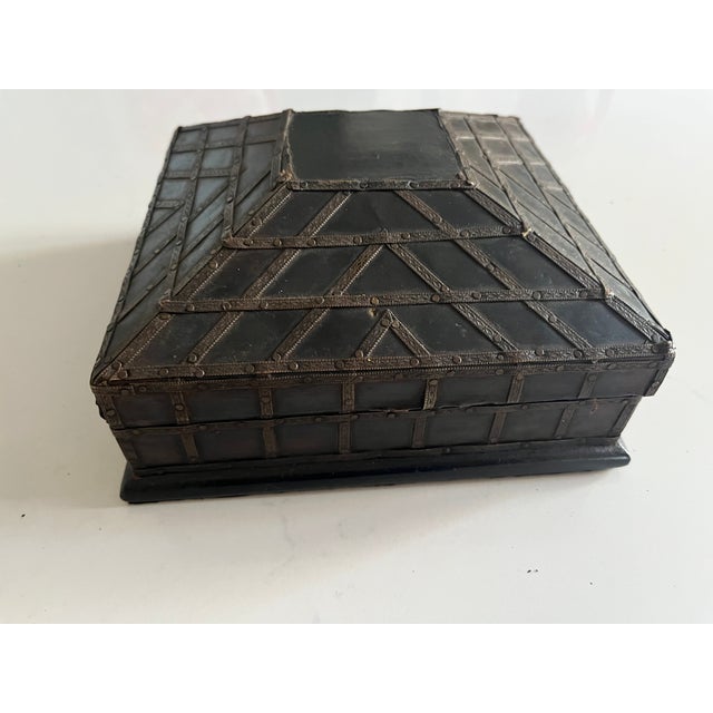 Traditional Vintage Wood Decorative Flip Top Trinket Storage Box With Metal Outside For Sale - Image 3 of 7