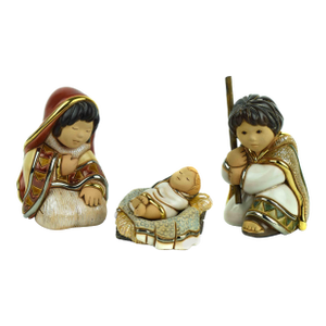 1990's Hand Carved Hand Painted De Rosa Enamel Glazes Ceramic Holy Family Nativity Set - 3 Pieces