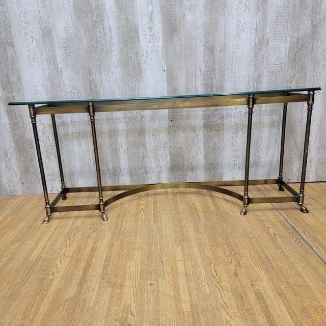 Hollywood Regency Maison Jansen LaBarge Style Brass Hoofed Feet Glass Top Console Table For Sale In Chicago - Image 6 of 10