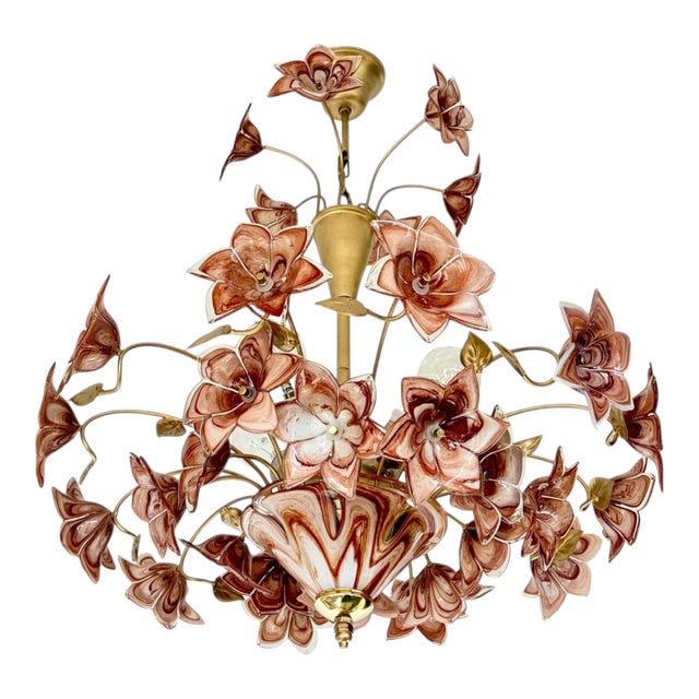 Large Murano Style Brown Flower Bouquet Chandelier With 4 E27 Bulbs. Hand-Blown Glass Flowers, Restored , Rare Italian Vintage For Sale