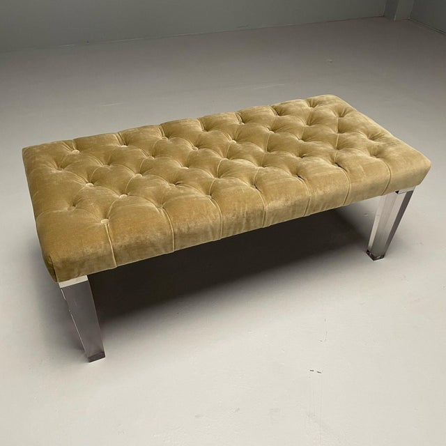 Modern Contemporary, Modern Tufted Window Bench, Chrome, Acrylic, Green Velvet, 2010s For Sale - Image 3 of 9