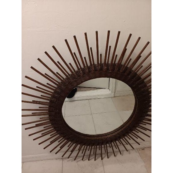 Art Deco 1990s Wall Round Mirror With Dark Stain Wicker Frame For Sale - Image 3 of 3