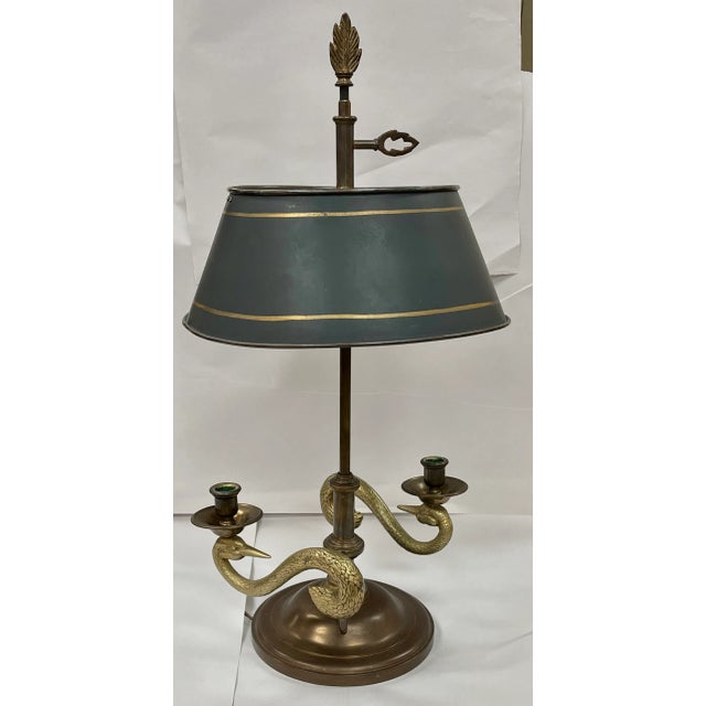 Figurative Vintage Chapman Brass Swan Candlestick Lamp With Tole Lampshade For Sale - Image 3 of 12