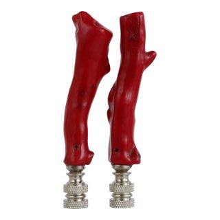 Red Coral Lamp Finials on Chrome Hardware - a Pair For Sale