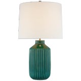 Kate Spade New York for Visual Comfort Signature Braylen Medium Ribbed Table Lamp in Emerald Green Crackle with Linen Shade For Sale