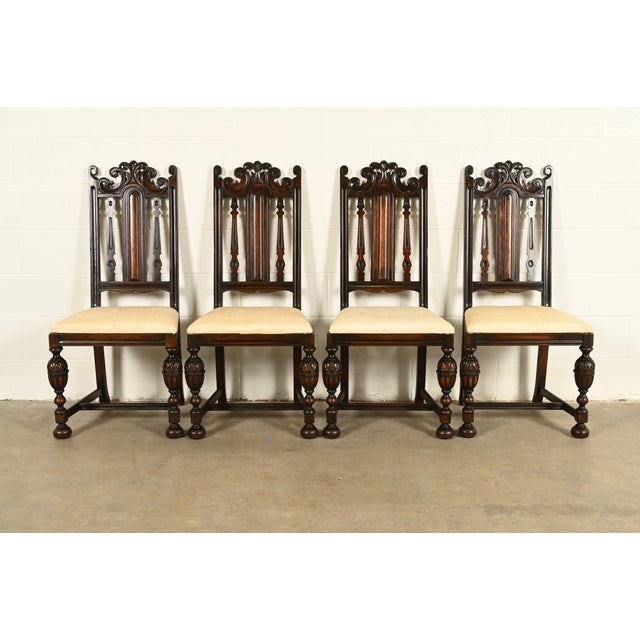 Berkey & Gay Antique English Jacobean Carved Walnut Dining Chairs, Set of Four For Sale - Image 13 of 13