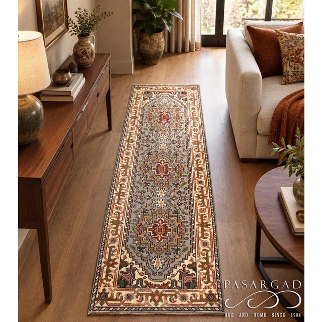 Pasargad DC Fine Hand Knotted Light Blue Serapi Design Runner Rug For Sale - Image 4 of 4