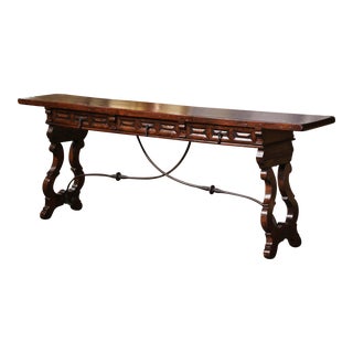 Mid-Century, Spanish Baroque Carved Pine and Iron Console Table With Drawers For Sale