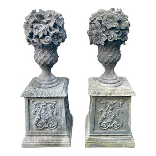 Large Classical Outdoor Ornate Faux Floral Garden Urn Statues With Attached Pedestal Base Sculptures - A Pair For Sale