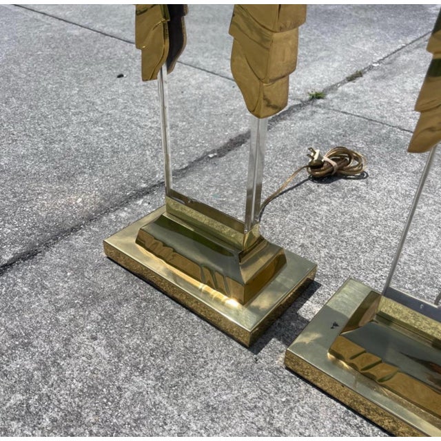 Brass Postmodern Brass & Lucite Ionic Column Pillar Swag Table Lamps, a Pair For Sale - Image 8 of 11