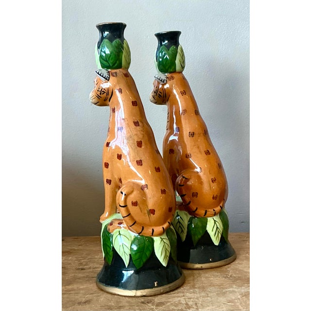 Vintage Boho Glazed Ceramic Tiger Candlesticks - A Pair For Sale In West Palm - Image 6 of 11