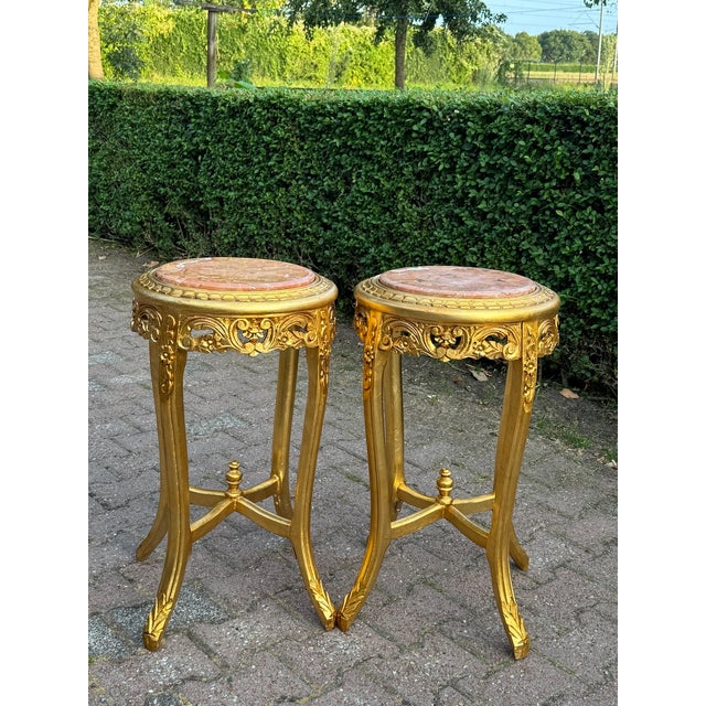 1950s French Louis XVI Gold Beech Marble Side Tables Pair For Sale - Image 11 of 11