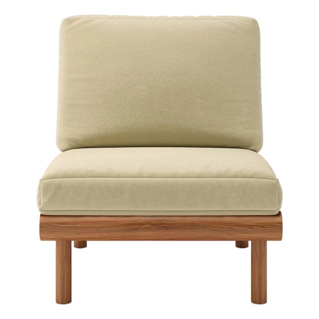 Rishon Dark Teak Outdoor Lounge Chair – Classic Cushion Edition in Sunbrella Antique Beige For Sale