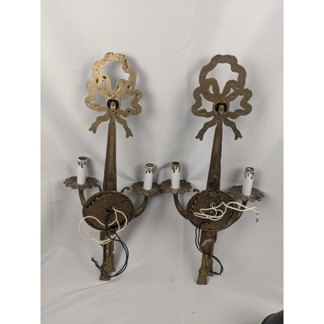 Vintage Ornate Gold-Tone Two-Light Wall Sconces With Shades - Pair For Sale - Image 14 of 18