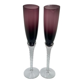 Mid 20th Century Eggplant Purple Handcrafted Crystal Twist Stem Champagne Flutes- Set of 2 For Sale