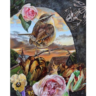 A Haunting Melody by Claudia Griesbach-Martucci | Oil on panel Bird perched among flowers and a sunset. For Sale