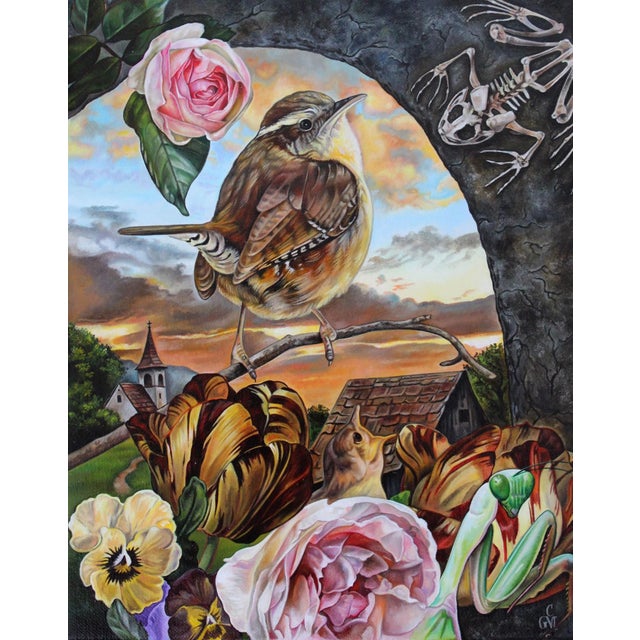 A Haunting Melody by Claudia Griesbach-Martucci | Oil on panel Bird perched among flowers and a sunset. For Sale