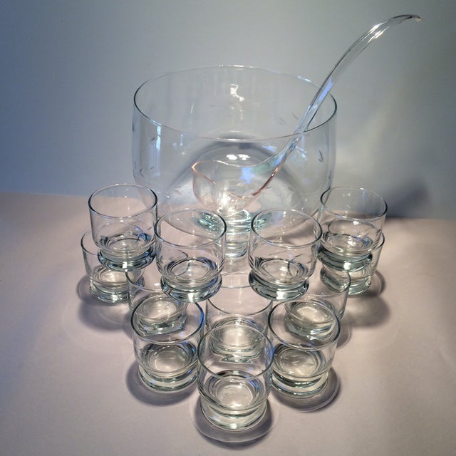 Vintage Etched Crystal Punch Bowl & Ladle With Glasses Set of 14