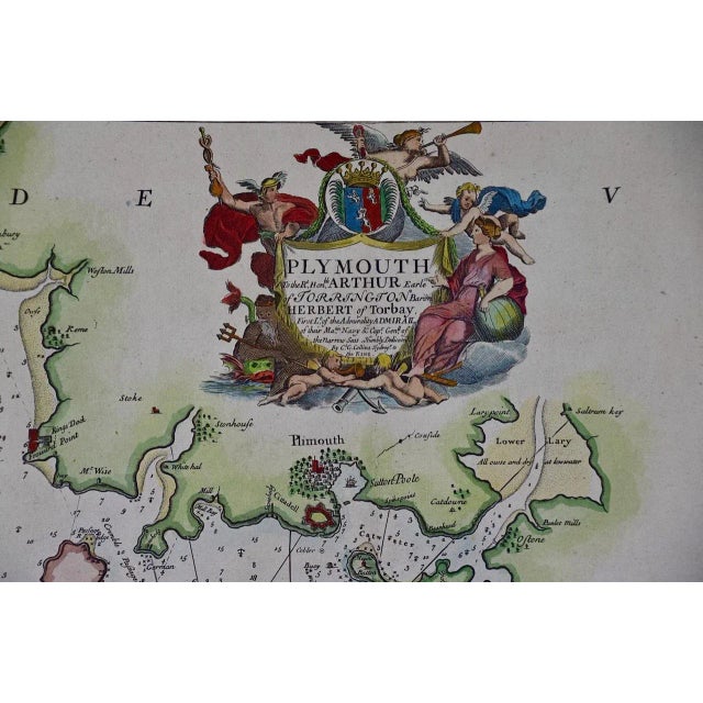 Traditional Plymouth, England: A Hand-Colored 17th Century Sea Chart by Captain Collins For Sale - Image 3 of 6