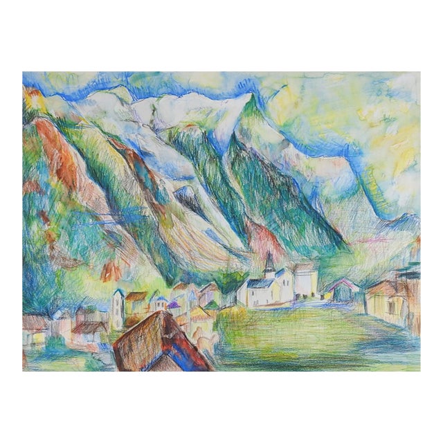 Vintage Modernist Mountain Village Mixed Media Painting For Sale
