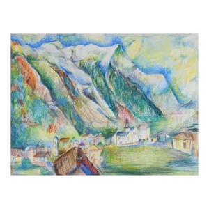 Vintage Modernist Mountain Village Mixed Media Painting