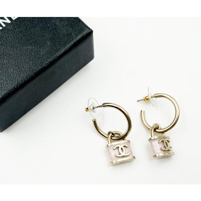 2010s Chanel Gold CC Pink Lock Hoop Earrings, A Pair For Sale - Image 5 of 5