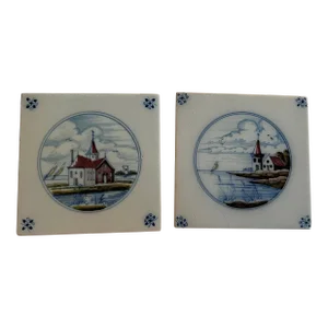 Pair of 1980s Tiles Makkum, Polychrome, Church Frisian Traditional Dutch Pottery Holland