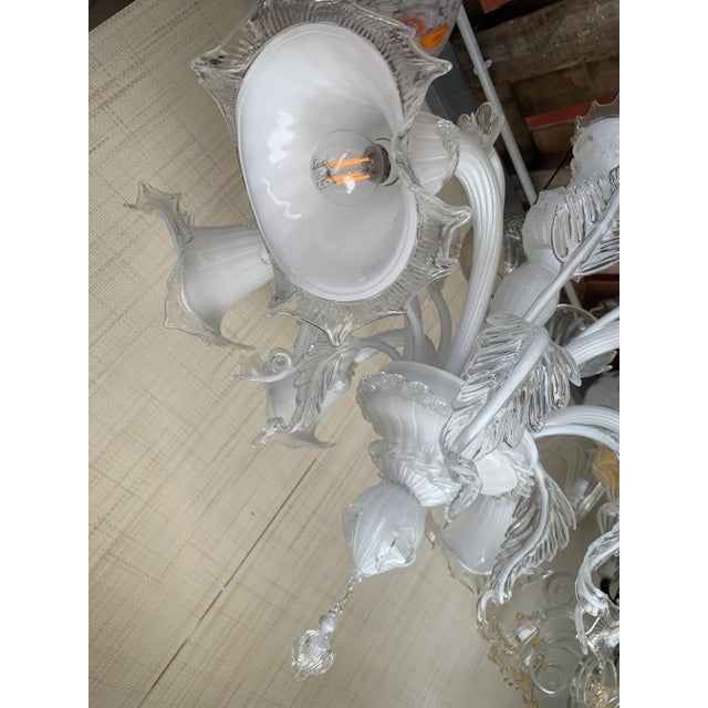 Venetian Transparent and Milky-White Murano Style Glass Chandelier With Flowers and Leaves For Sale - Image 6 of 13