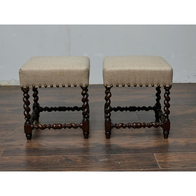 English Pair of 19th-Century English Barley Twist Hardwood Stools with Linen Upholstery For Sale - Image 3 of 8