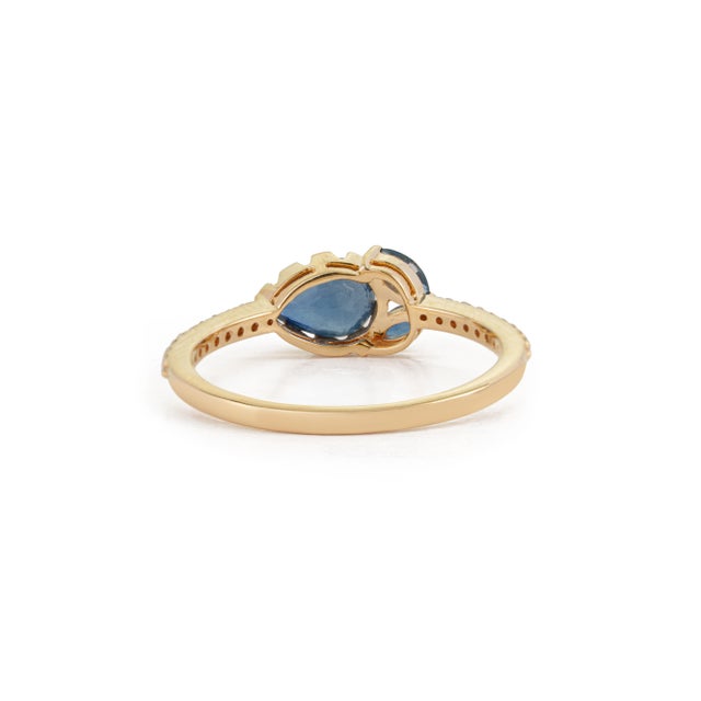 Pear & Marquise Cut Blue Sapphire Diamond 14k Gold Art Deco Ring Size 9 For Sale - Image 9 of 17