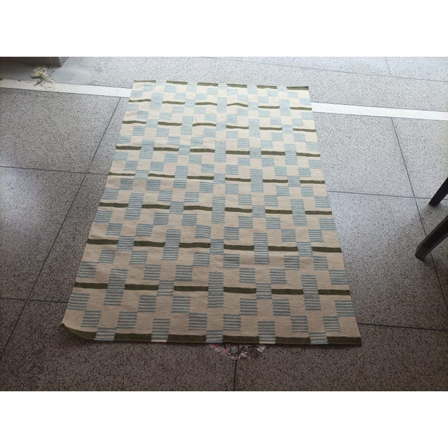 Handmade Woolen Flat Weave Rug, Cream, Sky Blue and Sage Green Striped Wool Rug - 6'x9' For Sale - Image 10 of 10