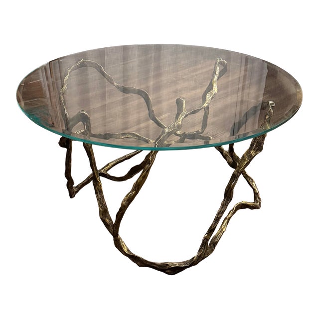 Studio a by Global Views Twistwood Cocktail Table – Antique Brass W/ Glass Top For Sale