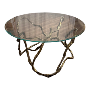Studio a by Global Views Twistwood Cocktail Table – Antique Brass W/ Glass Top