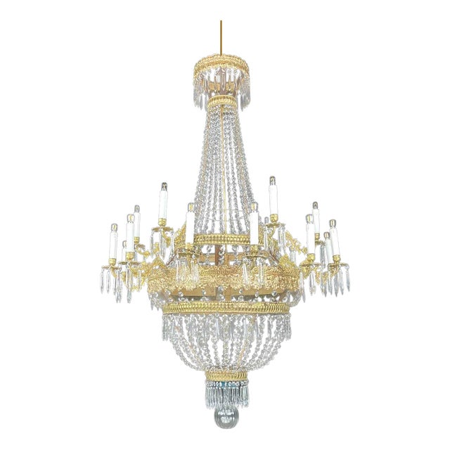 Large 18-Light Empire Chandelier in Crystal and Gilded Brass, 1700s For Sale